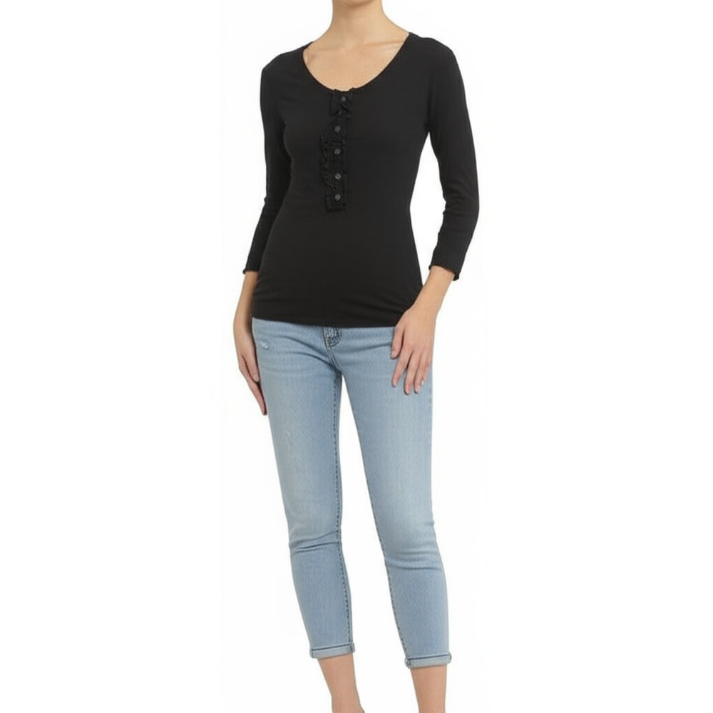 Merona Shirt Womens Size L Black Ruffle Front Ribbed Knit Casual Distressed